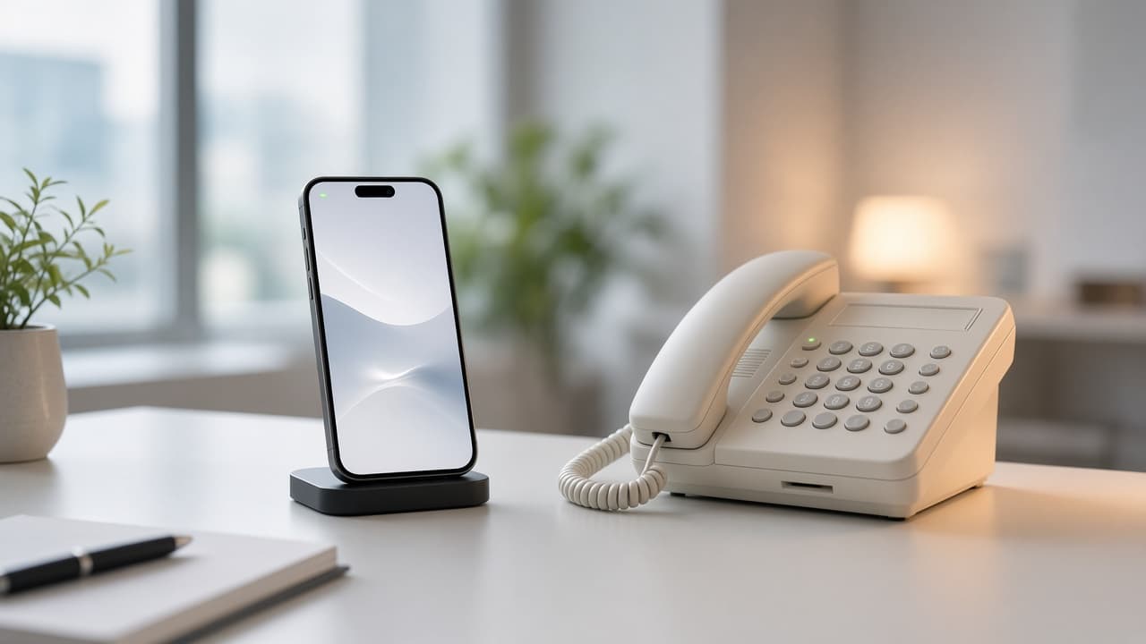 Telefon und Smartphone auf einem Schreibtisch – bereit für Anrufe
